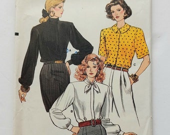 80s Vogue 9785 Vintage Blouse Sewing Pattern, Women's Front Button Blouse, Standing Collar Shirt & Blouse, Scarf Collar Shirt, Size 8 10 12