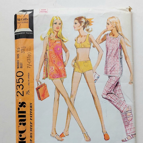 70s Bikini Poncho & Pants Sewing Pattern, Mccalls 2350 Pattern, 1970s Vintage Beachwear, Bikini Sewing Pattern, Size 10 Bust 32 1/2
