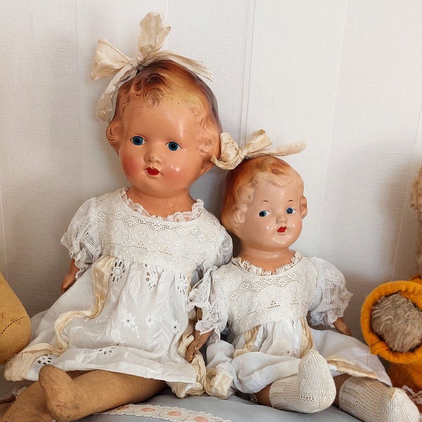 Two Adorable Antique Composition and Cloth Dolls, Reliable Hairbow Peggy Doll Made in Canada, 1930s Collectors Dolls, Brocante Decor