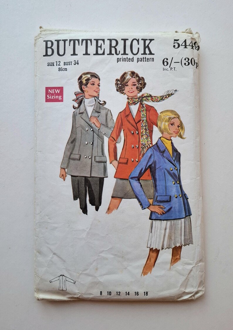 Butterick 5449 Sewing Pattern, 1970s Double Breasted Jacket Pattern ...