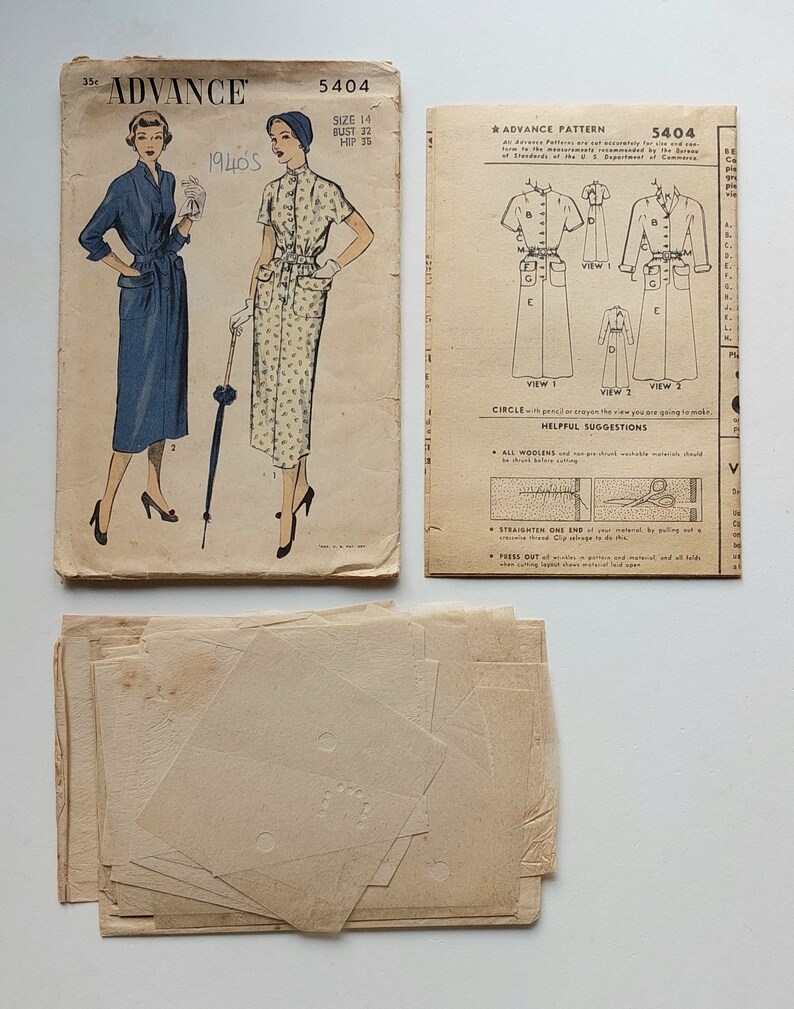 1940s Advance 5404 Sewing Pattern, Slim Dress With Raglan Sleeves ...