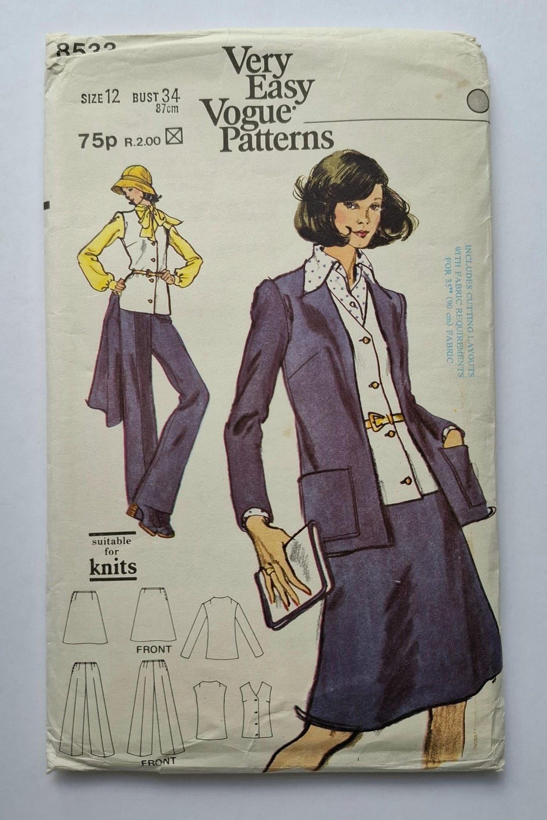 1970s Woman's Jacket Vest Skirt & Pants Sewing Pattern, Vogue 8533 ...
