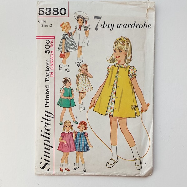 Robe 7 jours de tenues pour toute-petite fille et pardessus sans manches, patron de couture, bricolage vintage des années 1960, simplicité 5380, robe trapèze pour fille, 2 ans