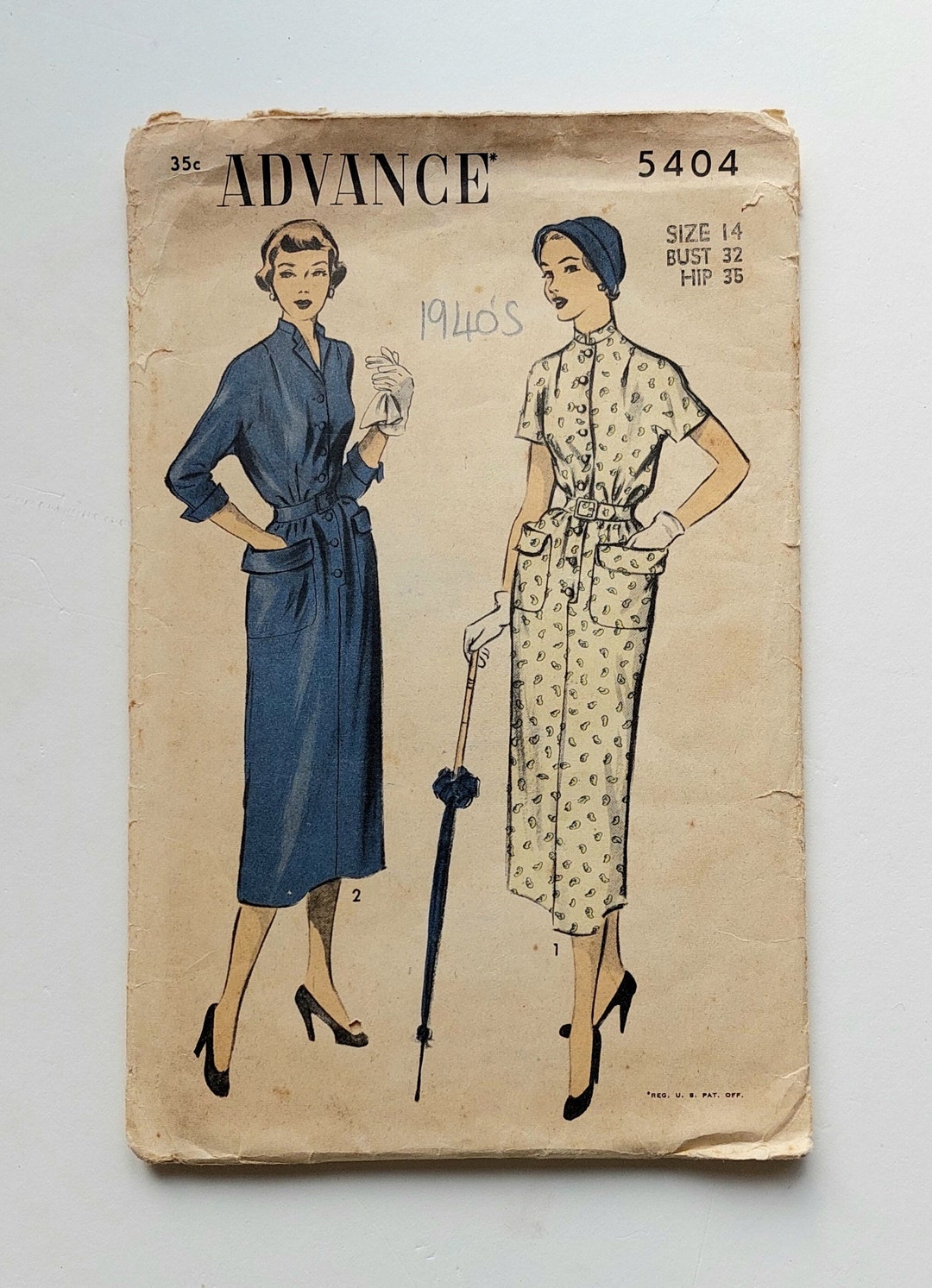 1940s Advance 5404 Sewing Pattern, Slim Dress With Raglan Sleeves ...