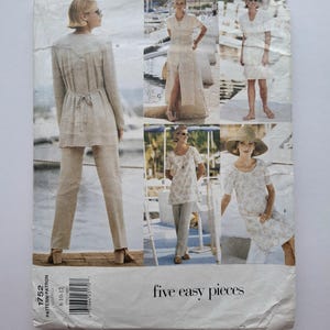 May include: A sewing pattern for five easy pieces of clothing. The pattern includes a long dress, a short dress, a tunic top, trousers, and a jacket. The pattern is for sizes 8-10-12.