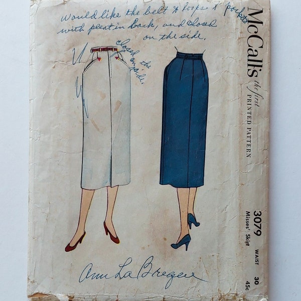 1950s Vintage Slim Skirt Sewing Pattern - McCall's 3079 - Below Knee Pencil Skirt with Front Kick Pleat, Waist 30