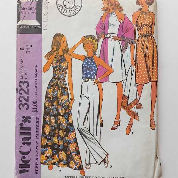 Vintage 70s Boho Halter Dress with Gathered Neckline Sewing Pattern McCall's 3223 Halter Neck Top, Open Back Dress, Bust 31 1/2'' UNCUT