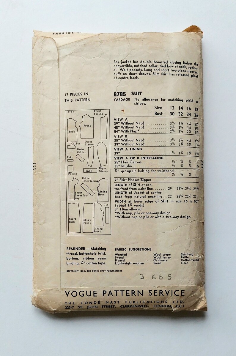1950s Vogue 8785 Ladies Skirt Suit Sewing Pattern, Box Jacket With Long or Bracelet Length