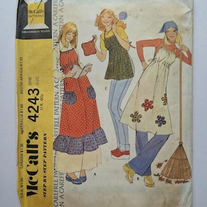 1970s Boho Apron & Potholder Sewing Pattern, Prairie Style Apron, Long or Short Smock Style Apron, Apron with Pockets