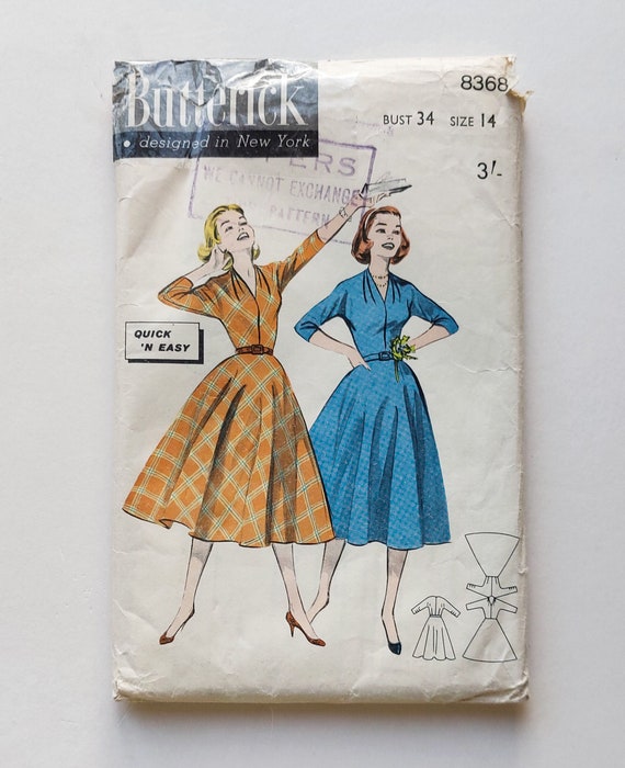 50s Fit and Flare Dress Sewing Pattern, Vintage Butterick 8368 V Neck Full Skirt  Dress Pattern, Rockabilly Swing Dress, Bust 34 - Etsy