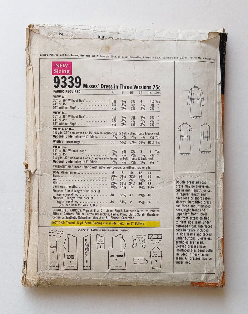 1960s Vintage Mccalls 9339 Double Breasted Coat Dress Sewing Pattern ...