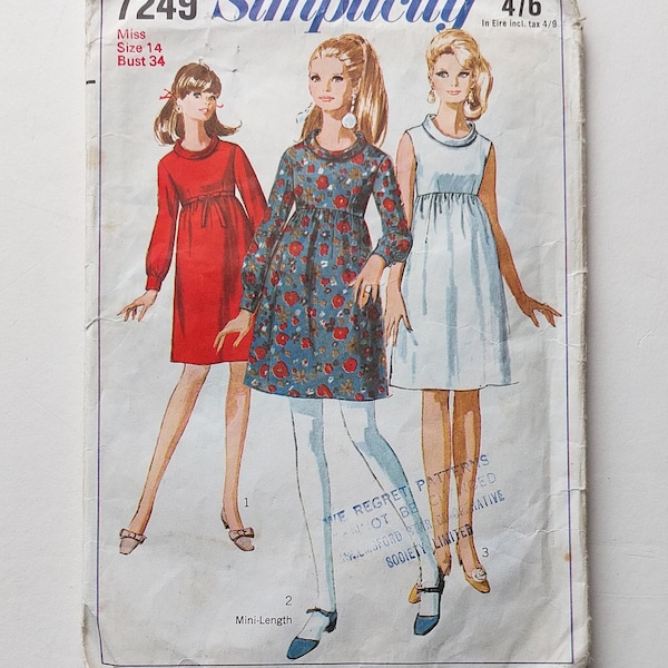 Vintage 60s Mod Mini Dress Sewing Pattern, Simplicity 7249 1960s High Waist Pullover Dress Sleeveless or Puff Sleeve, Size 12 Bust 34