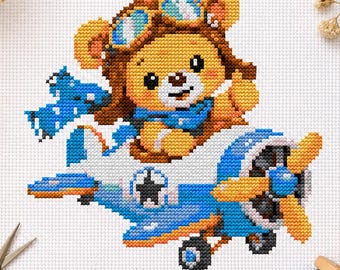 Pilot Teddy Bear Cross Stitch Pattern – Aviation Nursery Needlepoint PDF