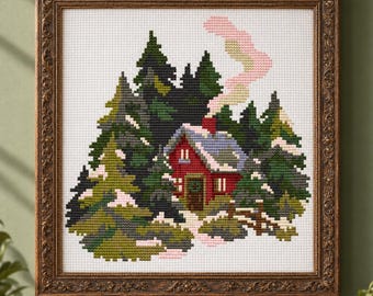 Winter Cabin in Forest Cross Stitch Pattern 110x106 px — Cozy Snowy Red House Design, Winter Landscape Needlepoint PDF