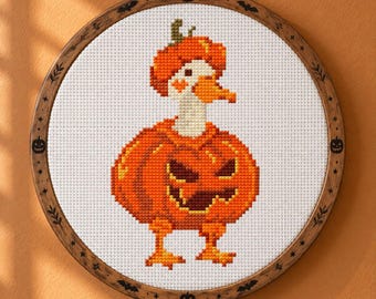 Pumpkin Duck Cross Stitch Pattern 48x81 px — Cute Halloween Goose Design, Small Spooky Jack o Lantern Animal Needlepoint PDF