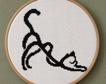Stretching Cat Silhouette Cross Stitch Pattern 104x97 px — Minimalist Black Cat Design,  Perfect TShirt Design, Modern Kitty Needlepoint PDF