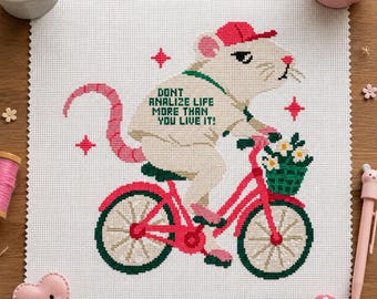 Funny Mouse Riding Bike Cross Stitch Pattern – Pink Bicycle Quote Design (PDF)