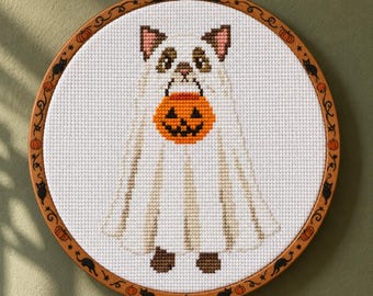 Ghost Cat Cross Stitch Pattern – Halloween Pumpkin Bucket Design (PDF)