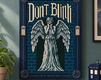 Weeping Angel Don't Blink Cross Stitch Pattern 88x130 px — Dr Who Quote Design, Spooky Statue Needlepoint PDF