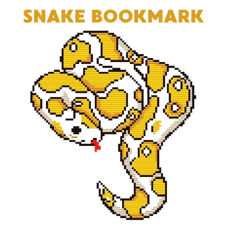 May include: A pixelated snake bookmark in yellow and white, with a red tongue. The text "SNAKE BOOKMARK" is in yellow block letters above the snake. The snake design is on a white background.