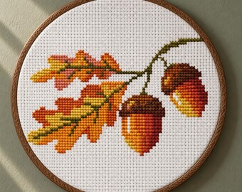 Autumn Oak Leaves and Acorns Cross Stitch Pattern 75x48 px — Fall Branch Design, Cottagecore Botanical Needlepoint PDF