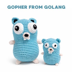 May include: Two crocheted gopher figures in light blue, with white and black eyes, small arms, and feet. The larger gopher stands next to a smaller one. The text "GOPHER FROM GOLANG" is at the top.