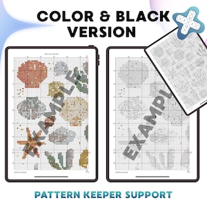 May include: Two digital cross-stitch pattern examples on tablets. One displays a color version with floral and seashell motifs, the other a black and white version. Text reads "COLOR & BLACK VERSION" and "PATTERN KEEPER SUPPORT".