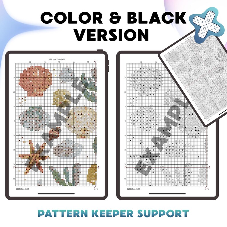May include: Two digital cross-stitch pattern examples on tablets. One displays a color version with floral and seashell motifs, the other a black and white version. Text reads "COLOR & BLACK VERSION" and "PATTERN KEEPER SUPPORT".