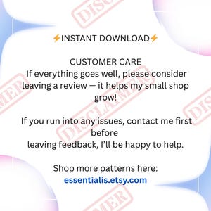May include: A digital graphic with text that reads "INSTANT DOWNLOAD" and "CUSTOMER CARE". The text encourages customers to leave reviews and contact the seller with any issues. The shop's Etsy URL is also included.