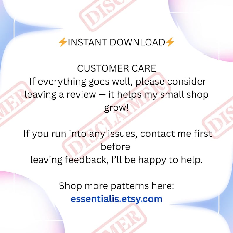 May include: A digital graphic with text that reads "INSTANT DOWNLOAD" and "CUSTOMER CARE". The text encourages customers to leave reviews and contact the seller with any issues. The shop's Etsy URL is also included.