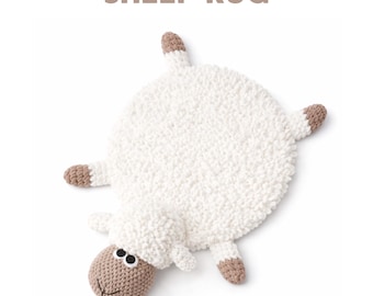 May include: A white, fluffy, sheep-shaped rug with a brown face, ears, and hooves. The rug has the text "SHEEP RUG" at the top. The rug is made of a soft, textured material and is designed to resemble a sheep.