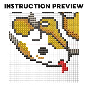 May include: A cross-stitch pattern preview with the text "INSTRUCTION PREVIEW" at the top. The design features a stylized image with yellow, black, and red elements, set against a white grid background, ideal for needlecraft projects.