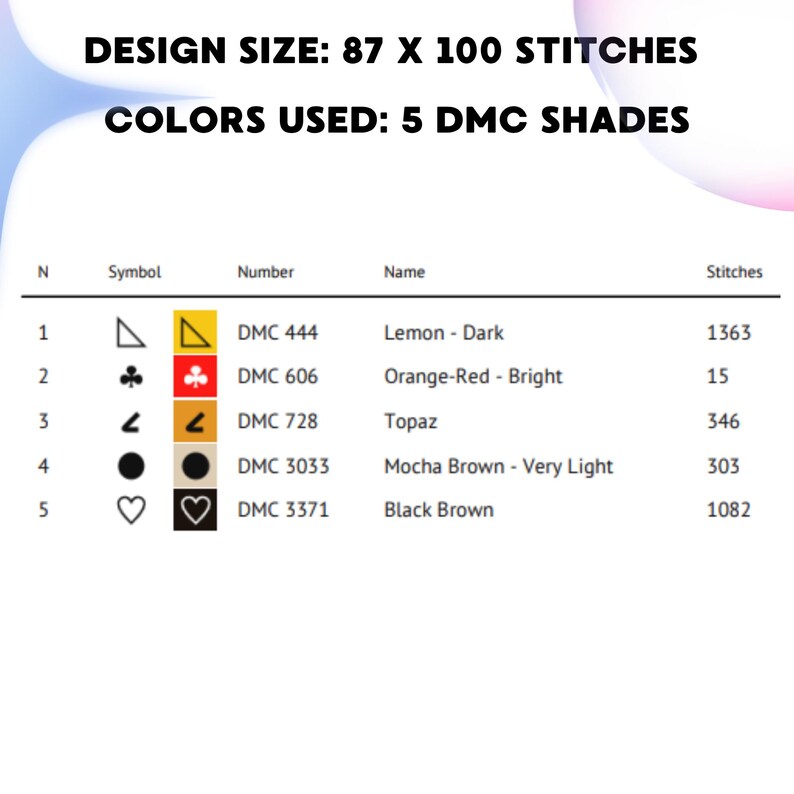 May include: A chart for cross-stitch design with the text "DESIGN SIZE: 87 X 100 STITCHES" and "COLORS USED: 5 DMC SHADES". The chart lists 5 DMC thread colors with their corresponding symbols, numbers, names, and stitch counts.