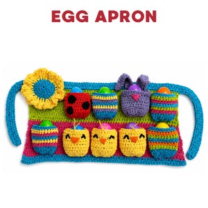May include: A colorful, handmade crochet egg apron with the text "EGG APRON". The apron features a yellow flower, ladybug, bunny, and chick designs, with pockets to hold Easter eggs. The apron is made with blue, green, pink, and yellow yarn.