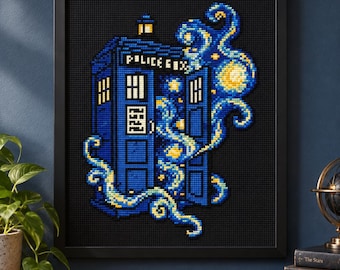 Starry Night Tardis Cross Stitch Pattern 89x117 px — Dr Who Police Box Design, Space Swirl Sci-Fi Needlepoint PDF