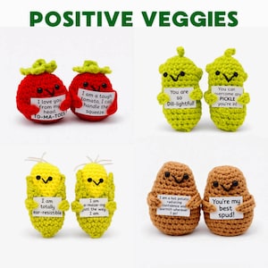 Puede incluir: Una colección de verduras de ganchillo hechas a mano, incluyendo tomates, pepinillos, maíz y patatas. Cada verdura tiene una cara sonriente y un pequeño letrero con un mensaje ingenioso. El texto "POSITIVE VEGGIES" está en la parte superior.