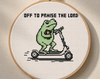 Frog On Scooter Religious Cross Stitch Pattern - Beginner Friendly (Pattern Keeper Compatible)