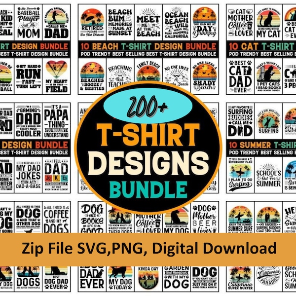 200+Mega Bundle Special | T-Shirt Graphic Designs, Print on Demand, Mix Design, High-Quality Graphics, PNG, SVG File Digital Download