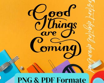 Impresión con frase "Cosas buenas retro": Arte mural colorido (PNG y PDF)