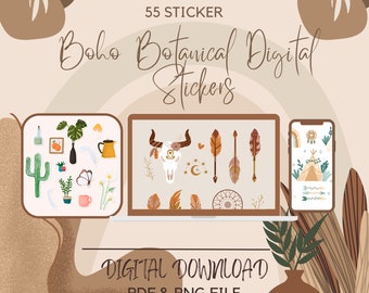53 Boho Botanical Digital Stickers: Planner Journal (PNG, Goodnotes)