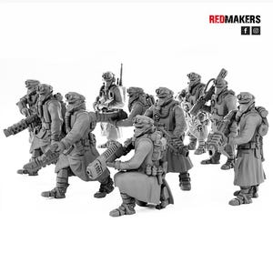 May include: A group of eight gray plastic miniature figures of soldiers wearing gas masks and holding weapons. The figures are posed in a variety of action stances.