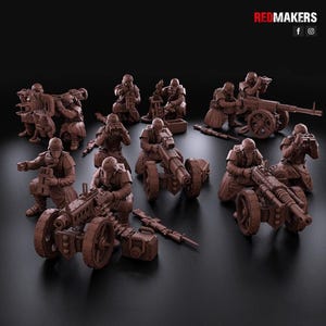 May include: A set of ten 3D printed miniature figures of soldiers in a battle scene. The figures are holding weapons and are posed in a variety of action poses. The figures are painted in a brown color.