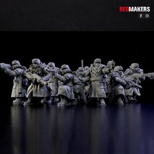 May include: A group of gray plastic miniature figures of soldiers wearing winter gear and holding rifles. The figures are posed in a battle formation.