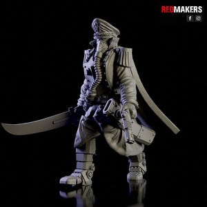 May include: A gray plastic miniature figure of a soldier wearing a gas mask and a long coat. The soldier is holding a sword and a pistol. The figure is standing on a black surface.