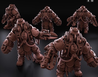 Op de afbeelding: Vijf gedetailleerde miniatuurfiguren van robots met ingewikkelde mechanische details, gemaakt van bruin plastic. De robots hebben een steampunk-esthetiek en staan in verschillende dynamische poses.
