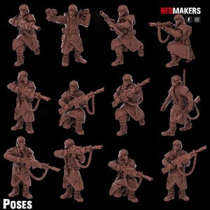 May include: A set of 10 different poses for a miniature figure of a soldier wearing a gas mask and holding a rifle. The figure is made of a brown plastic material and is posed in various action stances.