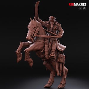 May include: A detailed miniature of a steampunk-style soldier riding a horse. The soldier is wearing a gas mask and a long coat, and is holding a sword. The horse is wearing armor and has a saddle with a bag attached.