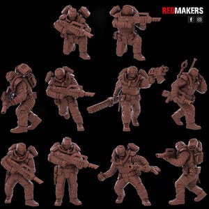 May include: A set of ten detailed, unpainted, plastic miniatures of futuristic soldiers. The figures are posed in various action stances, holding weapons and carrying equipment. The miniatures are designed for tabletop wargaming or role-playing games.