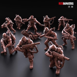 May include: A set of 10 detailed miniature figures of soldiers, each holding a weapon. The figures are made of a brown plastic material and are posed in various action stances. The figures are all wearing similar clothing and gear, including helmets, vests, and boots. The figures are set against a dark background.