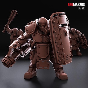 May include: A miniature figure of a heavily armored warrior with a large shield and a weapon. The figure is made of brown plastic and has a detailed design. The warrior is wearing a helmet with a gas mask and has a large shield with a skull design.